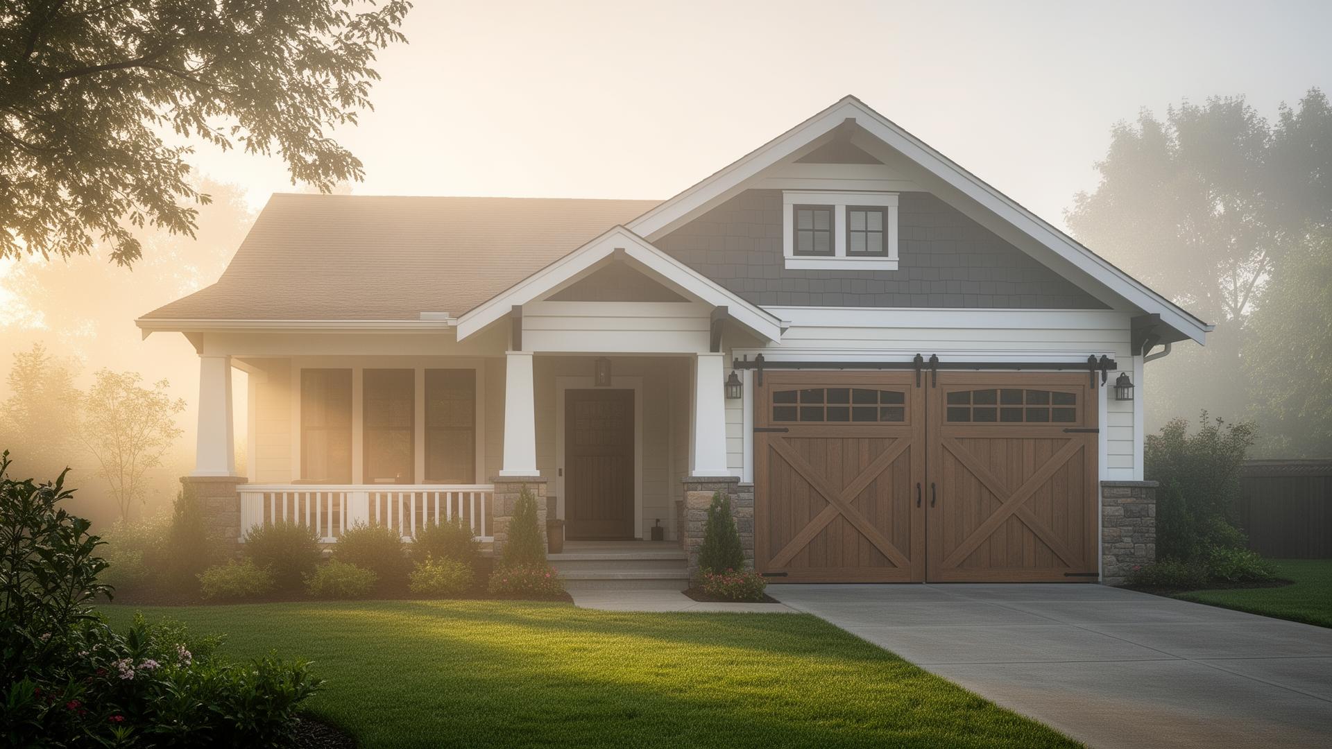Beautiful craftsman home with farmhouse barn-style garage doors featuring X-pattern design in Webster, MA